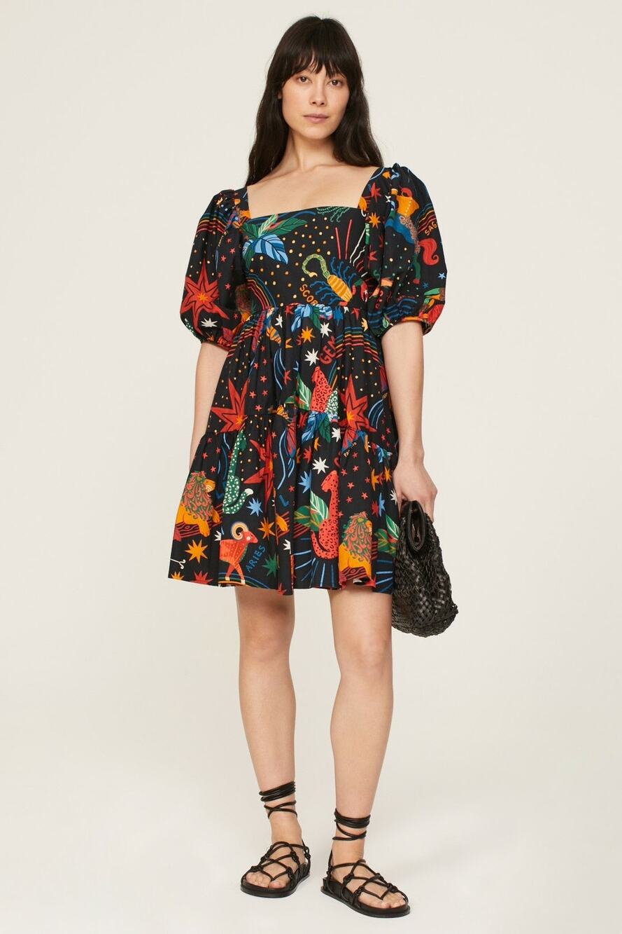 Farm Rio Zodiac Print Black Puff Sleeve Square Neck Babydoll Mini Dress Size M
